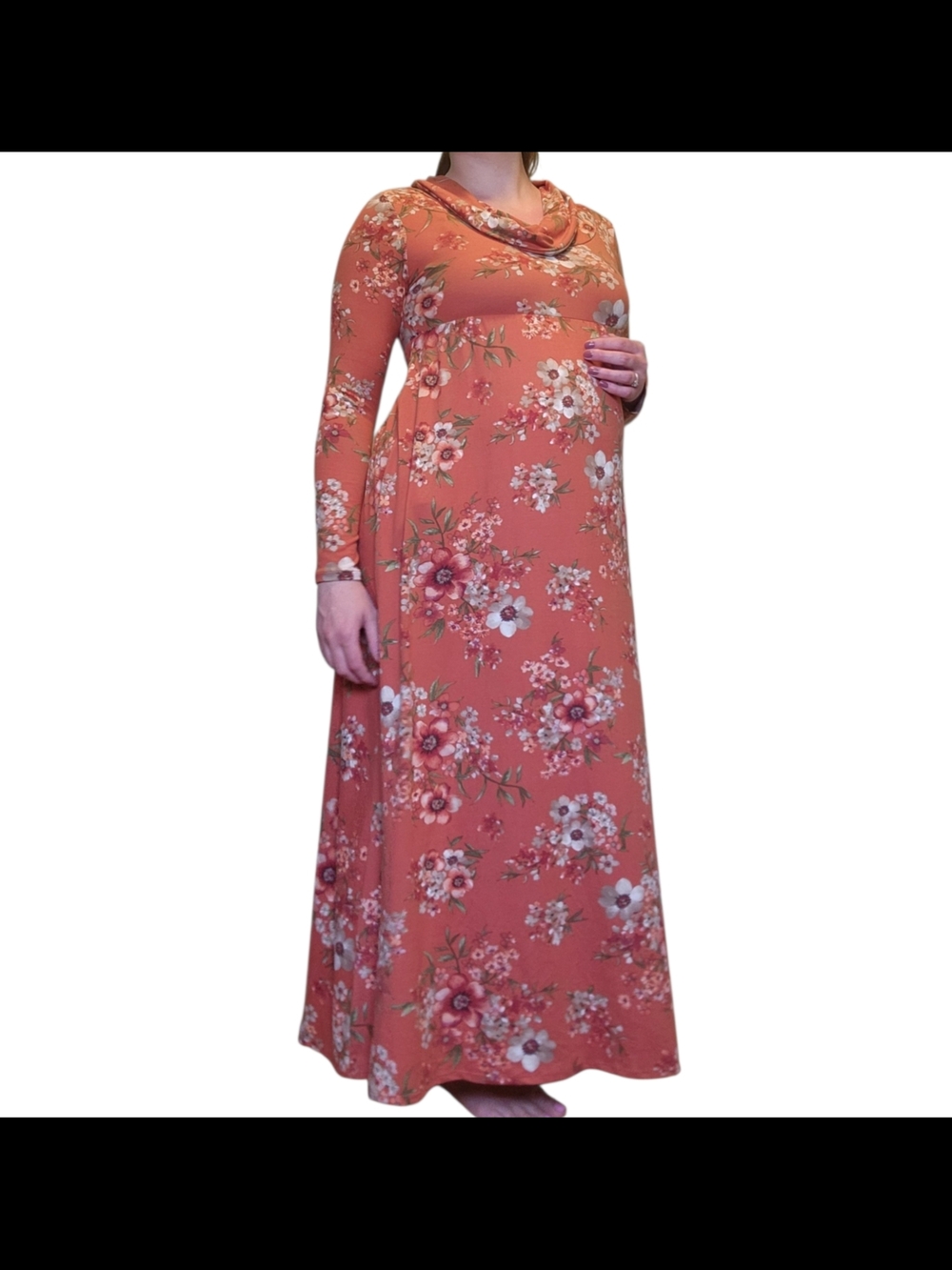 Mother Bee Maternity Maxi Dress Cowl Neck Long Sleeve Orange Flowers Size Medium
